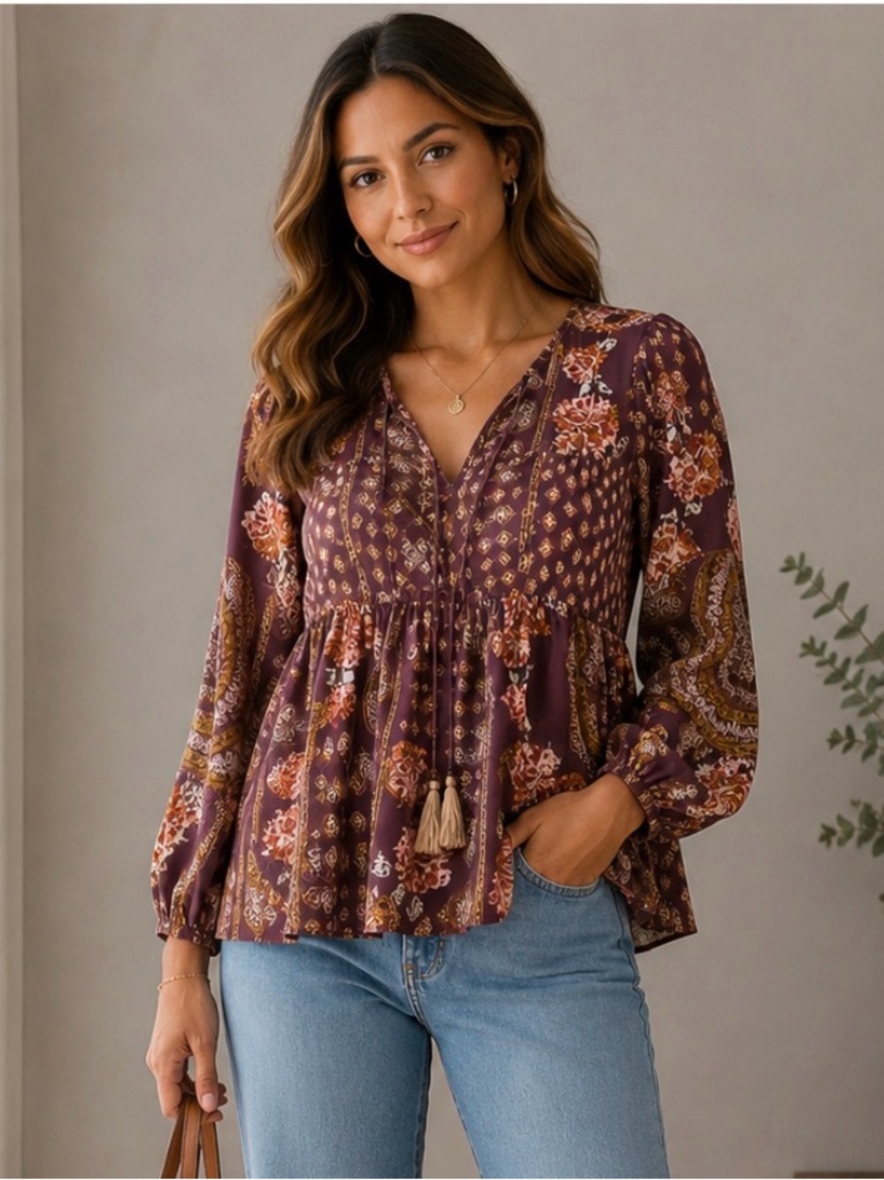 Knox Rose Burgundy Floral Boho Tunic Top